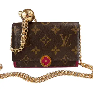 Pre-owned Louis Vuitton coated canvas and leather Crossbody Bags Monogram Flore Compact Wallet with Added Adjustable Chain