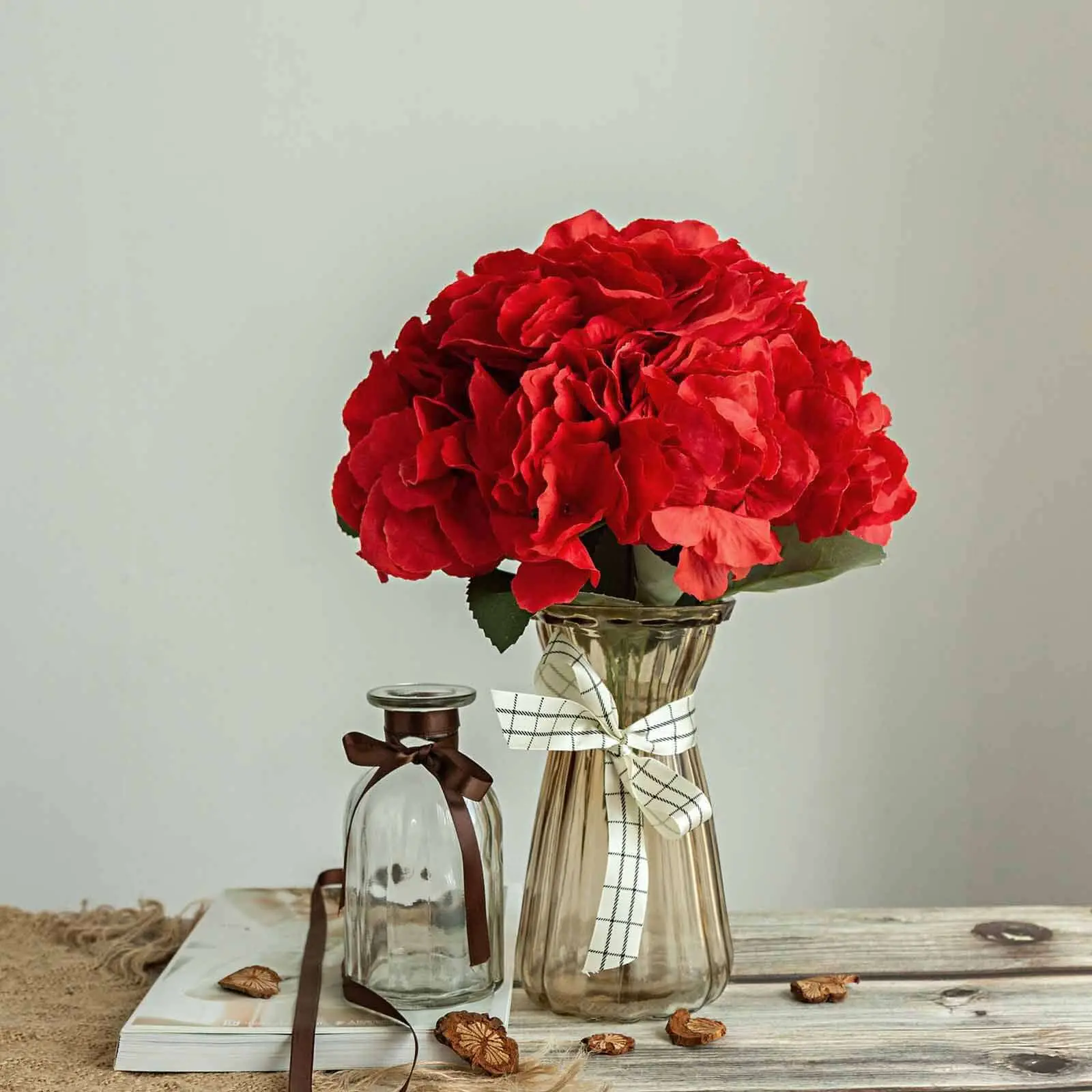 17" Red Artificial Silk Hydrangea Flower Bushes (5-Pack) - Faux Flower Bouquet for Home Decor Supplies, Floral Decor & Pew Bow Accents, Artificial Flowers