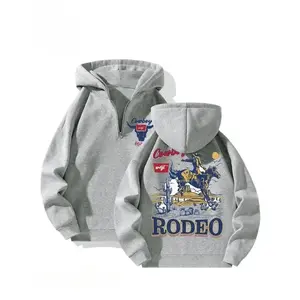 Men's Spring Fall Winter Fleece Hoodie, Fitted, Western Cowboy Print, Half Zip Design, Casual Streetwear, Retro Style, All Seasons