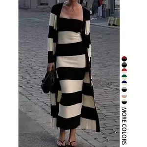 Women’s striped print button-front cardigan wool sweater and tube dress two-piece set, casual long-sleeve outerwear and strapless long skirt, suitable for everyday wear, women’s two-piece set suitable for all seasons