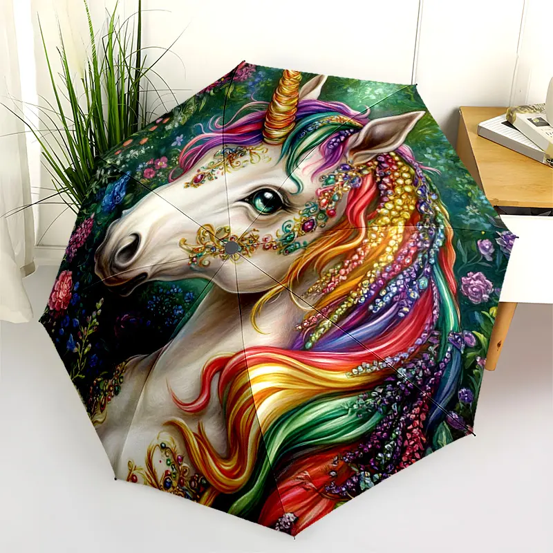 1 PC Automatic Folding Umbrella - Colorful Unicorn in a Garden Pattern, Portable & Foldable Design with 8 Ribs, Merry Christmas Pattern,Casual Outdoor Accessory Halloween and Christmas Birthday Gifts. E0090