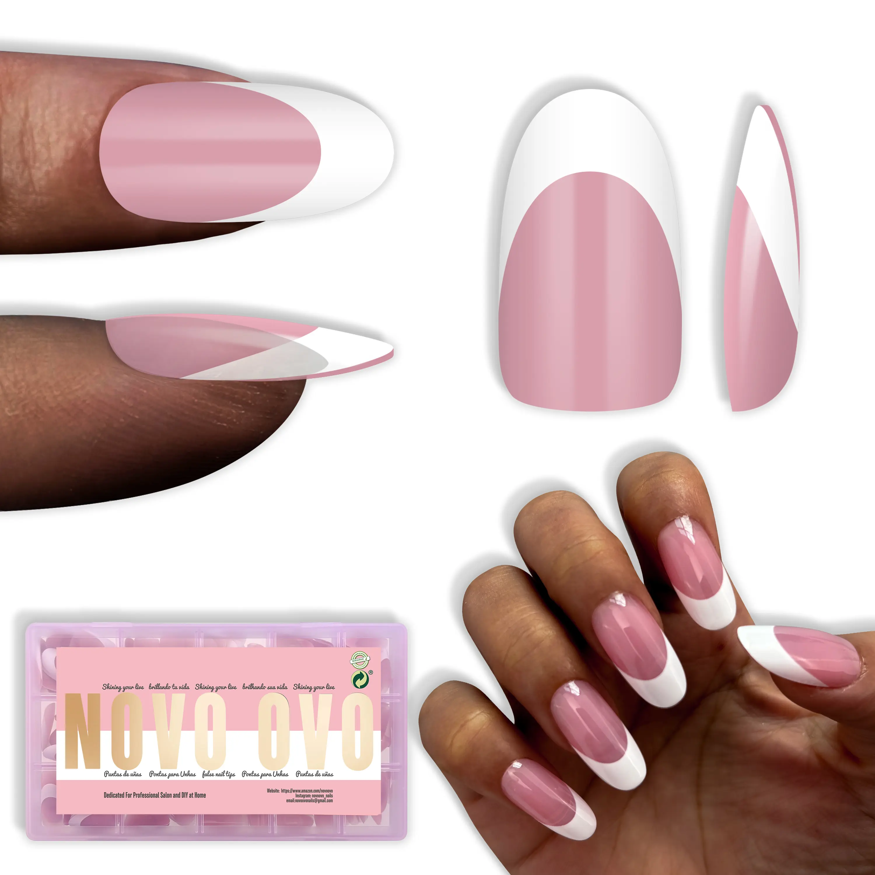 NOVO OVO Fake Nail Tips, Blush Pink French Tip with a Glossy Finish, Extra Thick Gel for Easy Gel Manicures at Home, Medium Rounded Shape - 240 Pcs, 15 Sizes, Medium Oval White French Tip Berry Pink, Nail Press On Nails