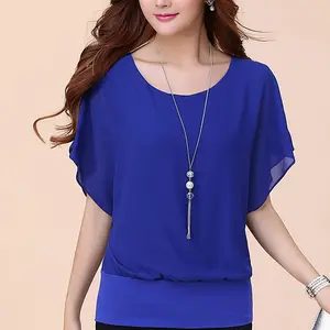 Summer Women Blouse Female Short Batwing Sleeve Oversized Loose O-Neck Chiffon Shirt Plus Size Office Lady Elegant Tops Tees Fit Clothes Fabric Gamis