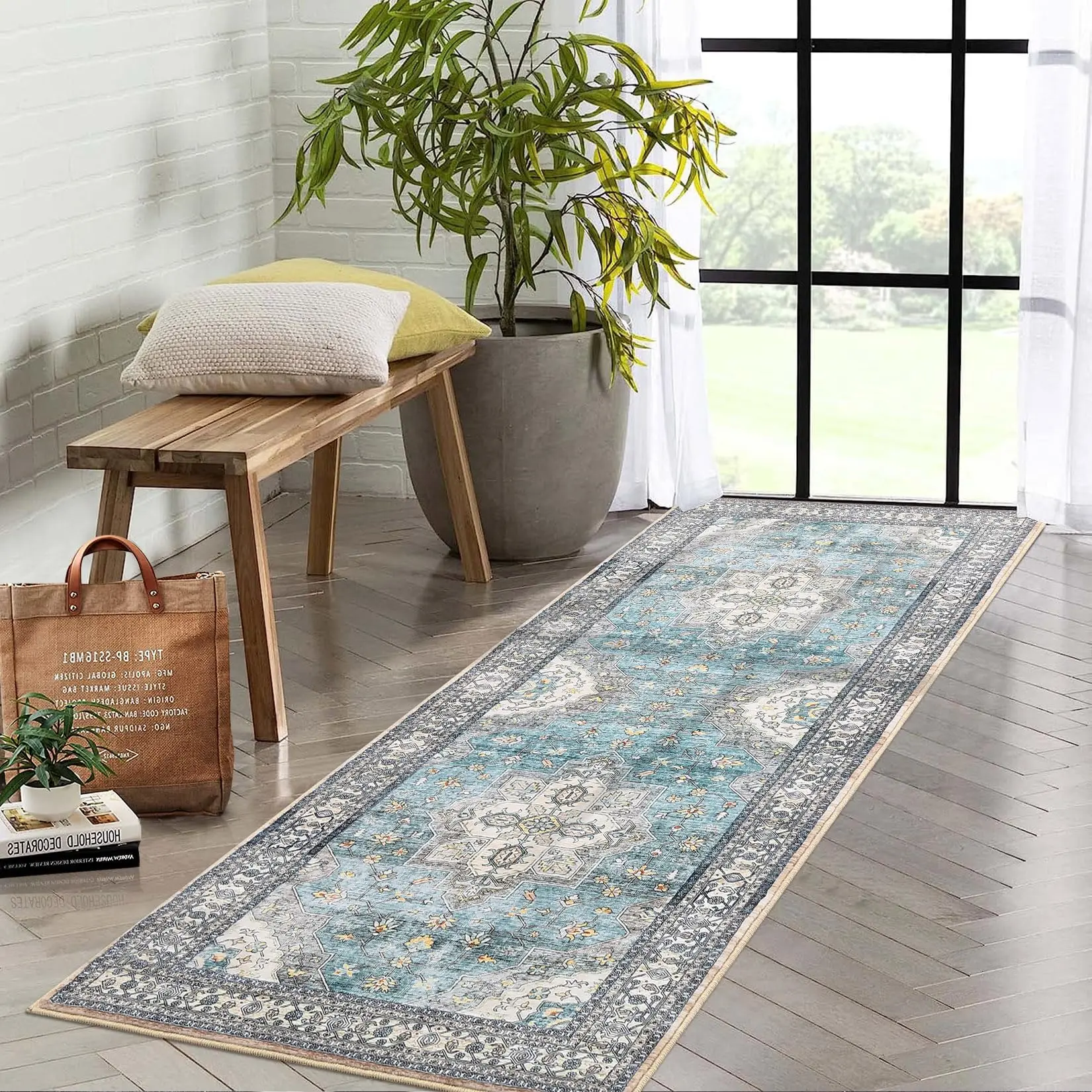 【GARVEE】Washable 10x13 Large Area Rug - Braided, Printed, Non-Slip, Low Pile, Non-Shedding Accent Rug for Living Room and Bedroom, Foldable Thin Teal Carpet with Aesthetic Minimalist Design