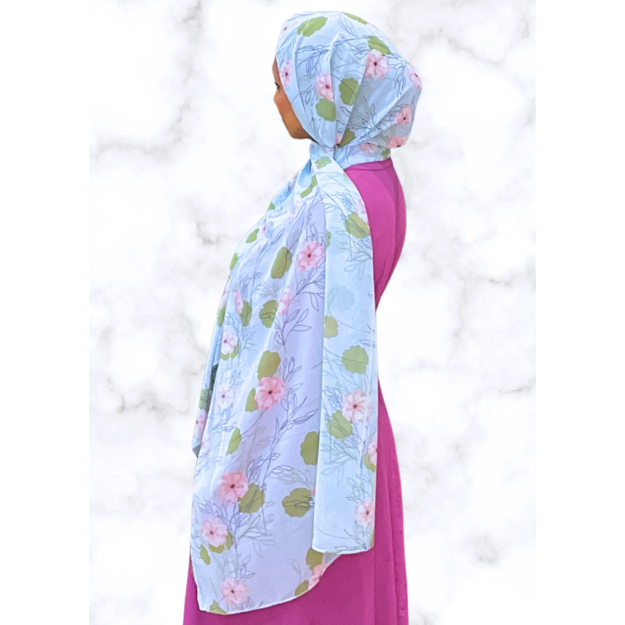 Lily Breeze Chiffon Printed Hijab - Floral Design, Light Blue Color, Suitable for Various Occasions