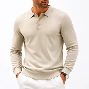 Men's Oversized Knit Longsleeve Cuffed-Collar Polo Top - Aesthetic Vintage Old Money Quiet Luxury Minimalist Preppy Fashion, Fall Winter Cozy Warm Relaxed-Fit Pullover, Korean Trendy Menswear