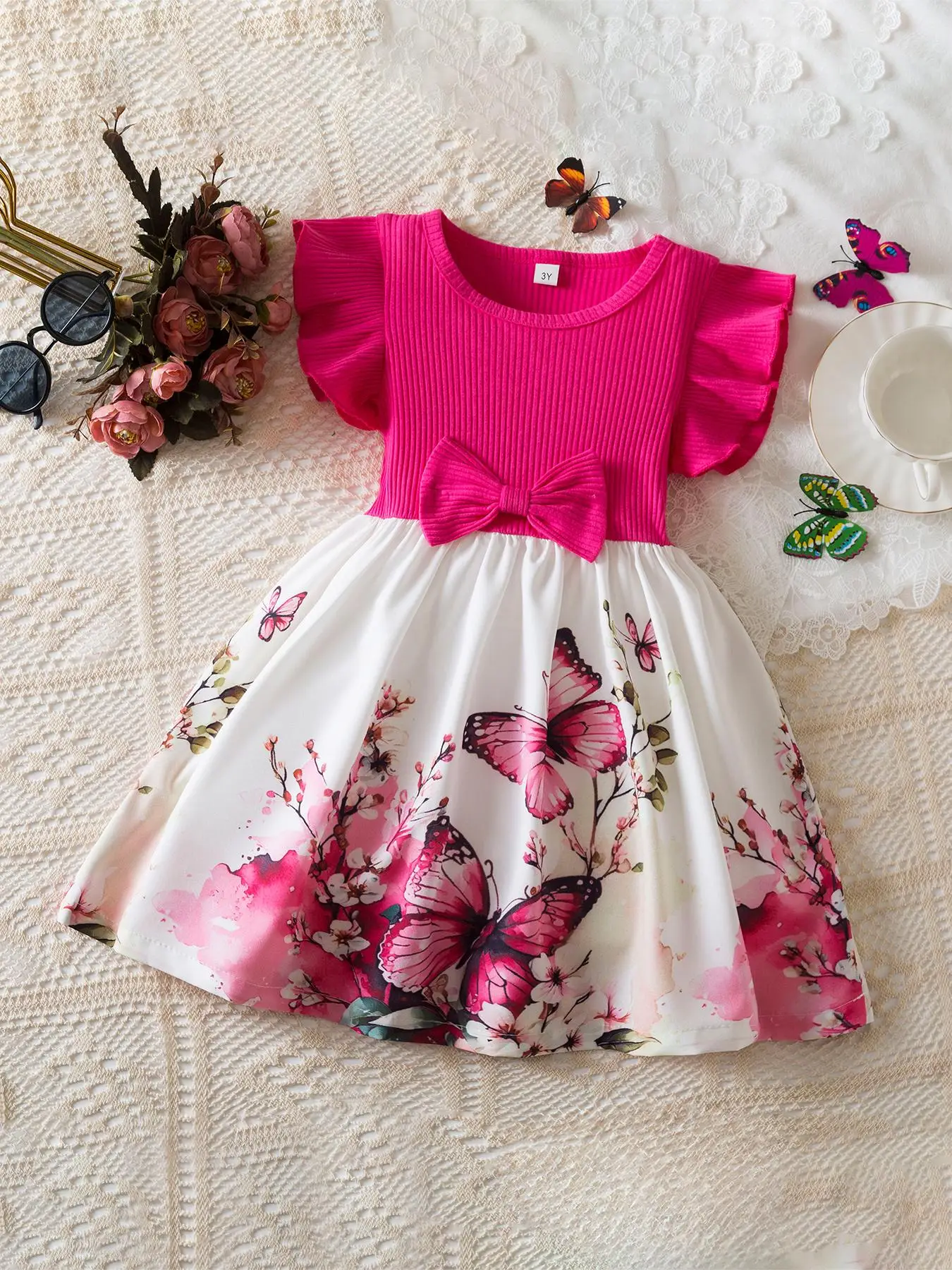 Girl's Butterfly & Floral Print Dress, Cute Casual Butterfly Sleeve Dress for Summer, Kids Clothes for Daily Wear