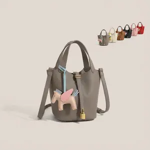Women’s Vegan Leather Mini Bucket Bag with Random Horse Charm & Matching Pouch Bag As Gift Casual Styling Shopper Stylish Handbag Classic Picnic Basket for Daily Use Unique Large-sized Durable Totebag | Crossbody & Top Handle