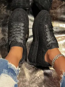 Women's Thick Sole Casual Sneakers, Rhinestone Fashion Flatforms, Unique Design Hand-Embellished, Lightweight Luxury Comfortable Shoes, Trainer, Walking Shoes