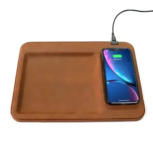 212 MAIN Retro Wood+PU Desk Organizer Tray with Wireless Charging Pad (DC9V Input, Single Device Compatibility, Retro Look), Brown, Desk Organizer Tidy, Desk Tidy