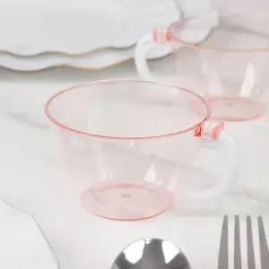 25-Pack Transparent Blush Plastic Coffee Cups with Handles 6oz - Hard Disposable Tea Mugs for Hot Drinks