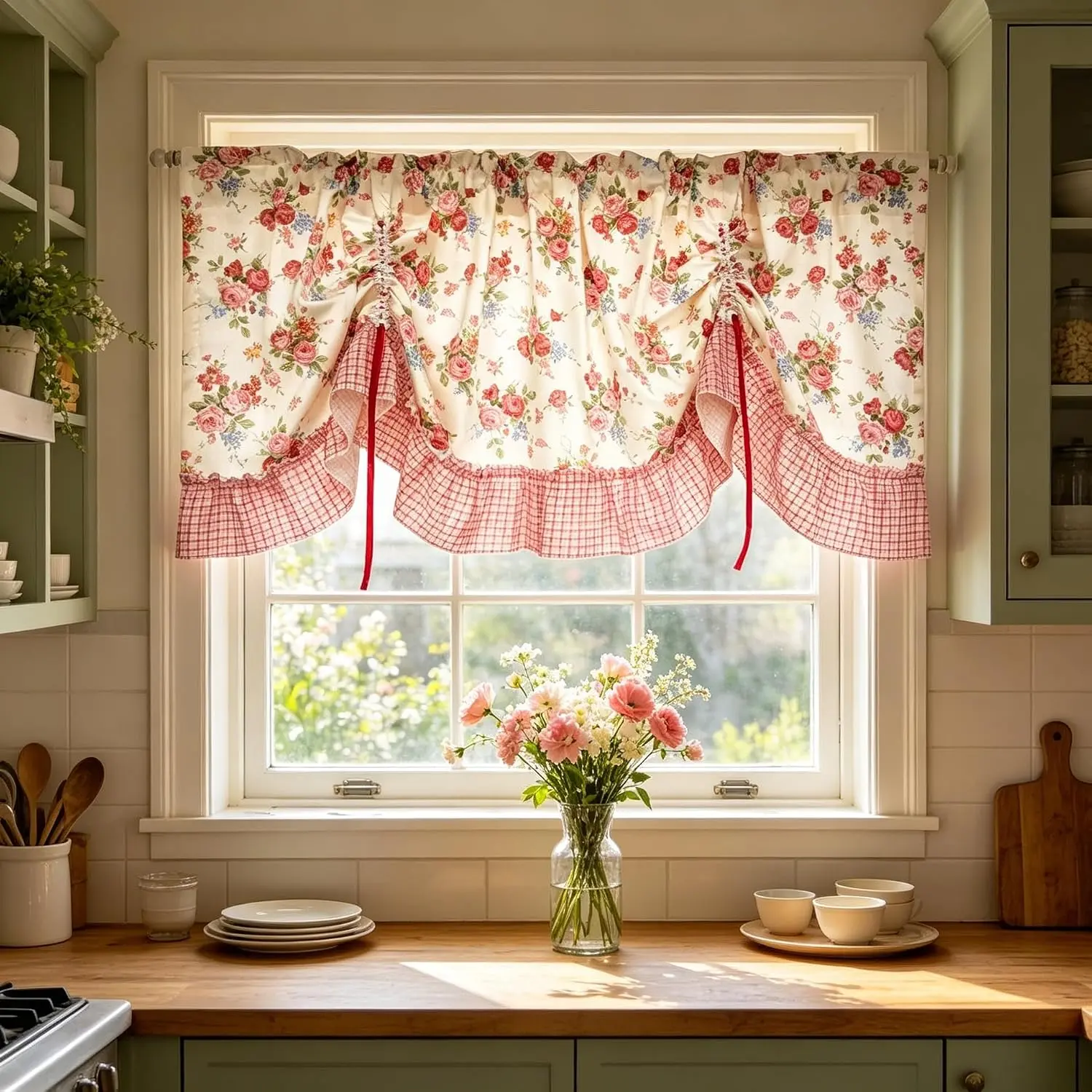 Pink Vintage Rose Floral Short Balloon Curtain Swag Valance for Kitchen Adjustable Tie Up Roman Curtain with Plaid Trim Romantic Shade Curtain Tier for Bathroom Laundry Cafe Wedding Decor 1 Panel