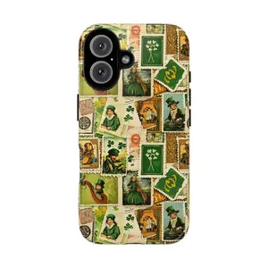 Vintage Shamrock Rubber Phone Cover - Shockproof, Drop-Resistance Tough Case for iPhone 11 12 13 14 15 16 17 Pro Max Plus, St. Patrick's Day Irish Clover Mobile Device Accessory