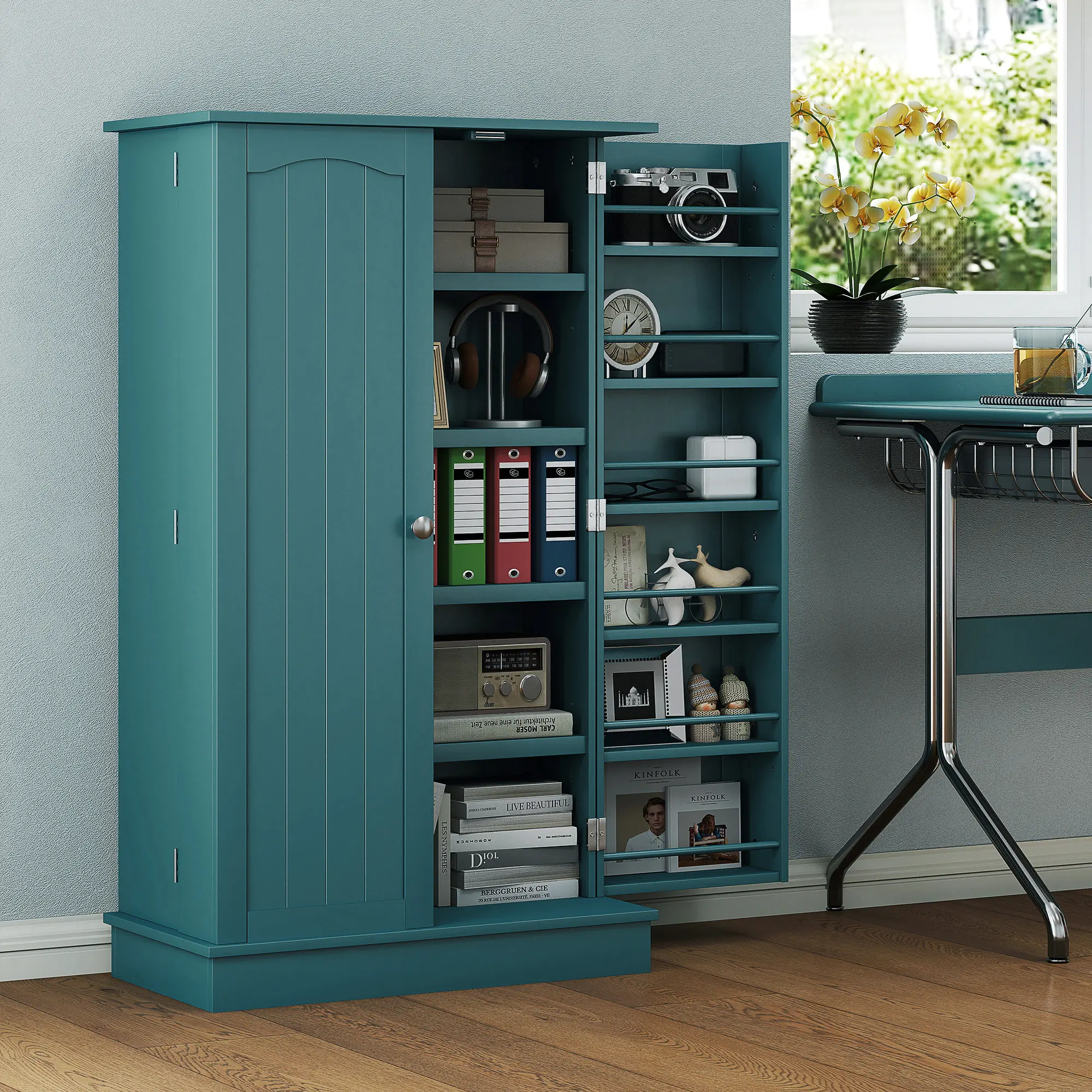 Blue Freestanding Kitchen Pantry Cabinet 40.9 Inch Tall Double Doors 5 Tier Shelving 12 Door Shelves with Bars Adjustable Shelves for Pitchers for Small Apartment Kitchen