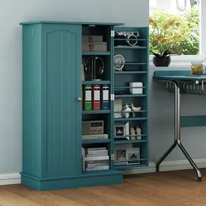 Blue Freestanding Kitchen Pantry Cabinet 40.9 Inch Tall Double Doors 5 Tier Shelving 12 Door Shelves with Bars Adjustable Shelves for Pitchers for Small Apartment Kitchen