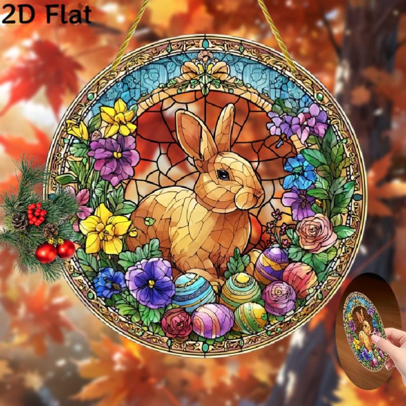 2D Flat, 1pc Bohemian Stained Glass-Style Easter Bunny & Floral Suncatcher Round Acrylic Window Hanging with & Tulip Patterns, Easter Decor, Garden Ornament, Housewarming Gift