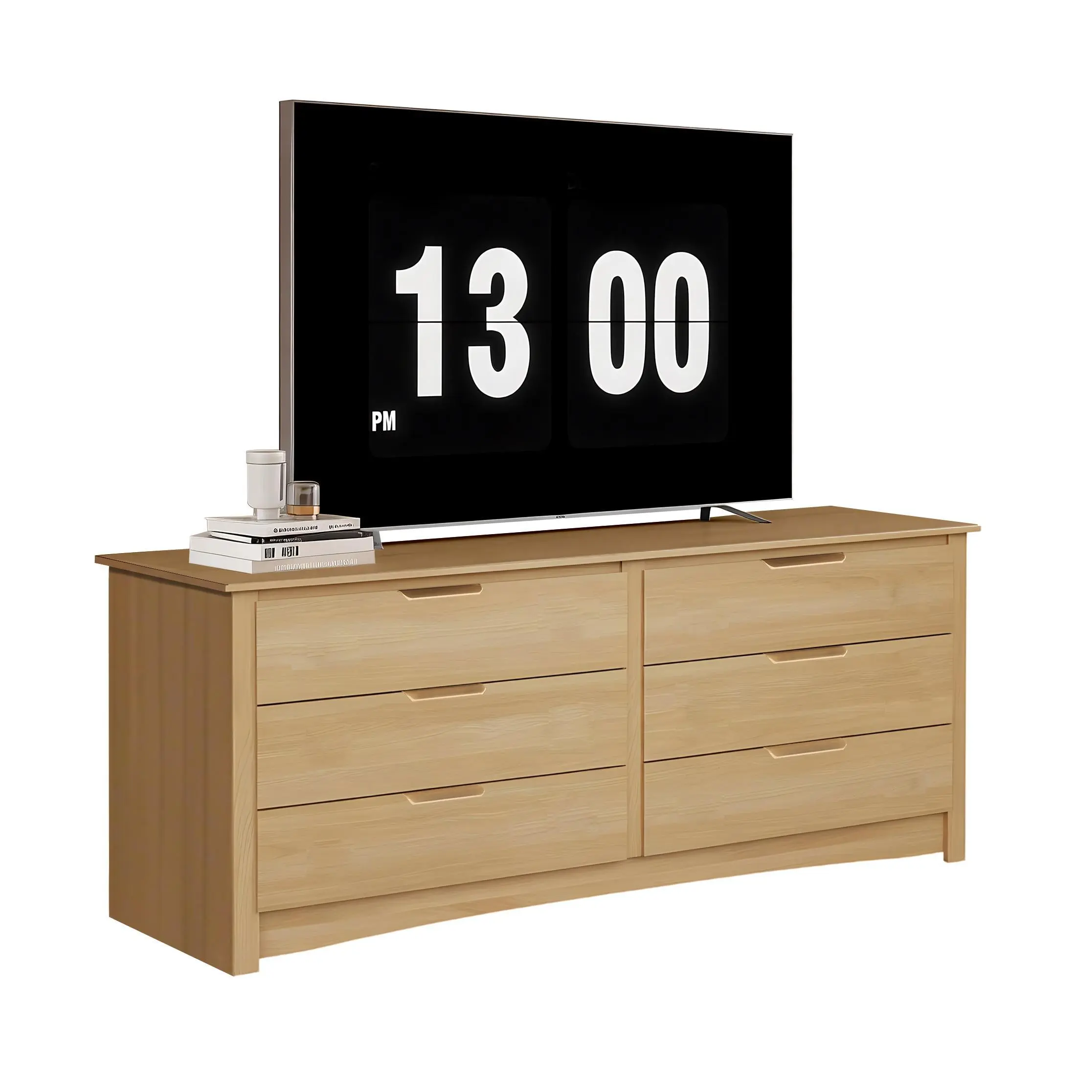 A TV cabinet with 6 drawers, a 59-inch wooden wardrobe, and a bedside table