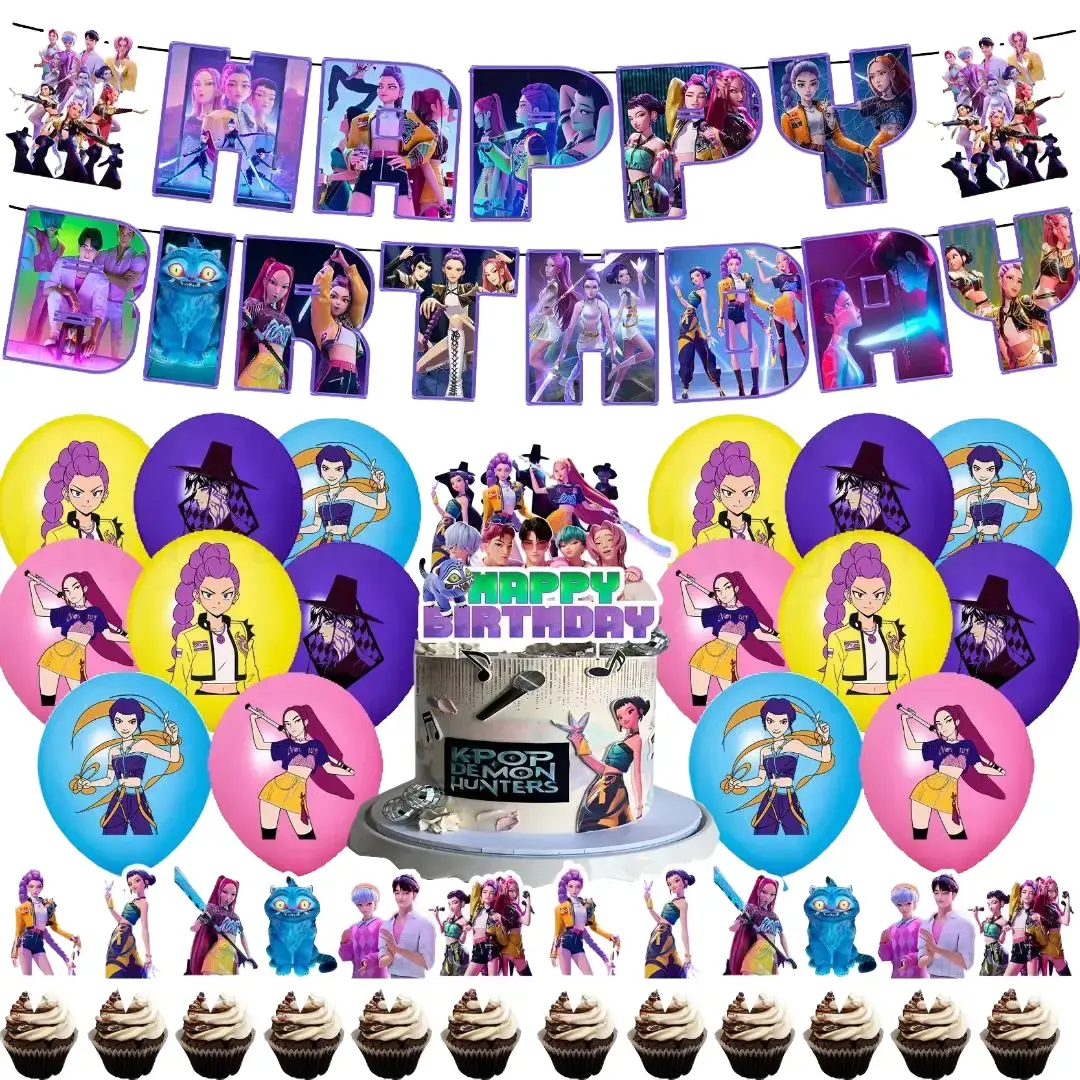 Kpop Party Decoration Kit, Character Themed Birthday Supplies for Fans with Kpop Backdrop Banner, Latex Balloons & Cake Toppers, Great Gifts, Kpop Themed Party Setup