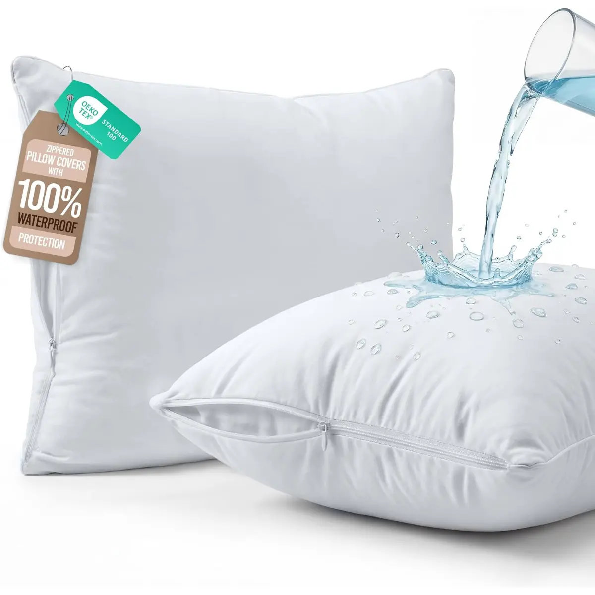 2 Pack Pillow Protectors Queen Size – Waterproof Zippered Pillow Case Covers, Soft Noiseless Pillow Encasements, Breathable Pillow Covers for Sleeping, 20 x 30 Inches