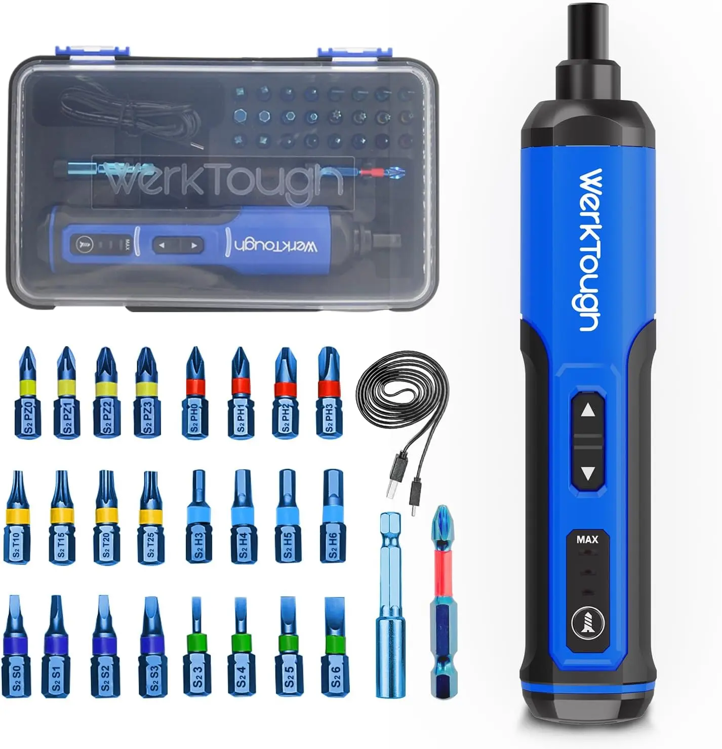Werktough 4V Mini Electric Cordless  with 3-Gear Torque 5Nm Power 25 count  Bits S2 LED Light USB   Improvement S026