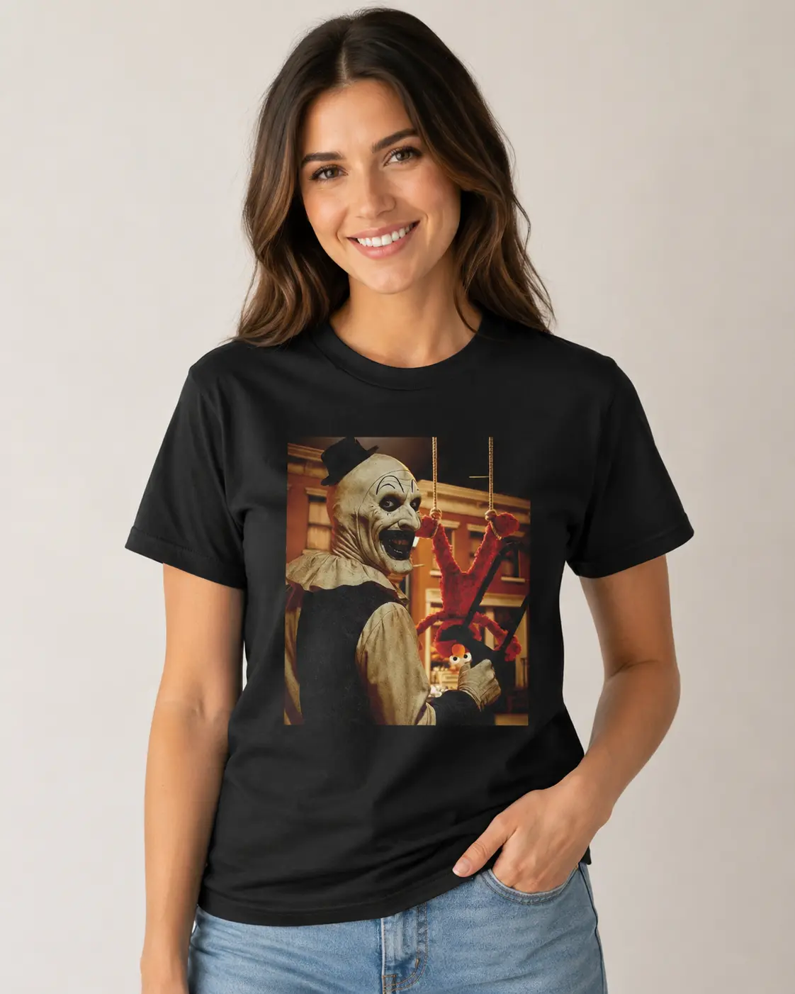 Terrifier Clown T-Shirt, Art The Clown Parody Tee, Funny Horror Movie Graphic Top, Dark Humor Elmo Meme Shirt, Spooky Streetwear Gift