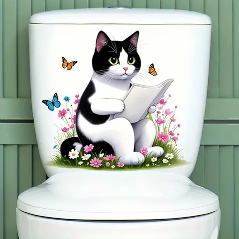 Cute Cat Reading Newspaper Toilet Sticker, Bathroom Accessory, Restroom Accessories, Creative Bathroom Decor, Self-Adhesive, Home Aesthetic, Fun & Beautiful Design