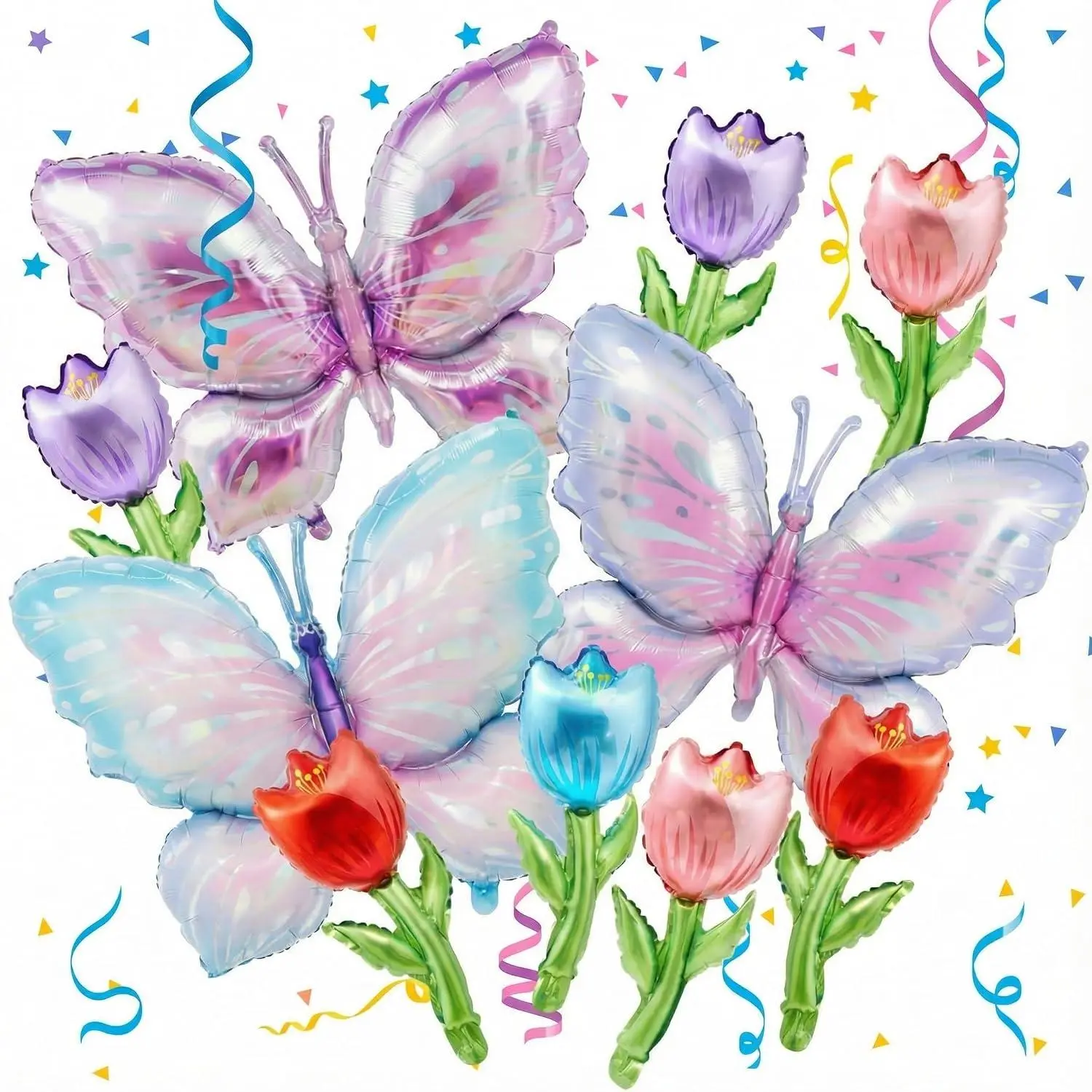 10 Pcs Butterfly & Flower Balloons Set, 39 Inch Butterfly & 18 Inch Tulip Floral Balloons, Spring Summer Handheld Foil Inflatable Party Decoration For Birthday Baby Shower Wedding Graduation