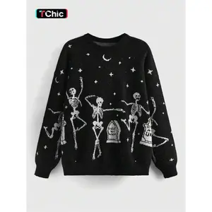 Women's Halloween Skeleton & Star & Moon Print Round Neck Sweater, Casual Long Sleeve Crew Neck Jumper for Fall, Halloween Costumes, Fashion Ladies' Knitwear for Daily Wear, Womenswear??gift??