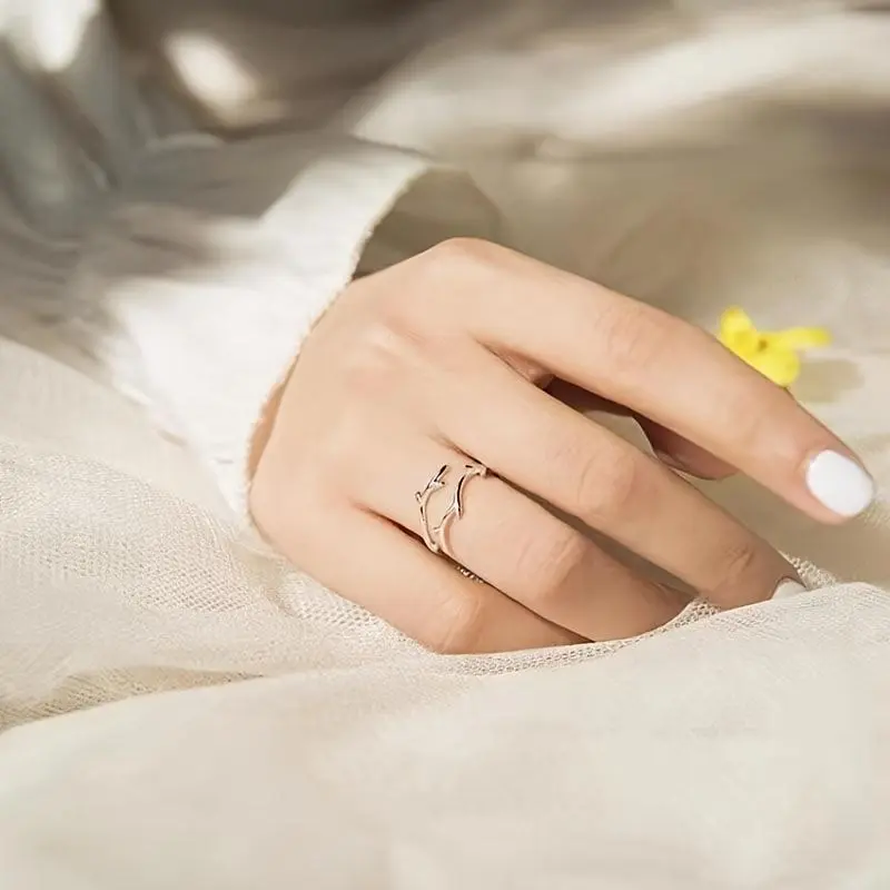 925 Sterling Silver Deer Antler Ring for Women, Simple Adjustable Open Band, Fashion Jewelry for Proposal or Valentine's Day Gift, 925 Stamp Rings
