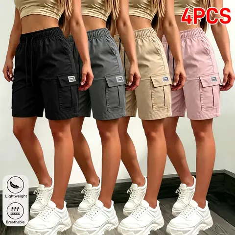 JOGWAVE Women's 2-Piece Polyester Casual Cargo Bottom Shorts - Lightweight Wide-Leg, Pockets, Drawstring, Sporty Style - All-Season Gift Idea for Going Out, Travel, 2 Pcs Set