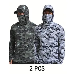 2pcs Camo Quick-Dry Lightweight Hooded Fishing Sun Protection Shirt - Breathable Long Sleeve Outdoor Gear for Men, White & Gray Pattern, UV Protection, Fishing & Hiking