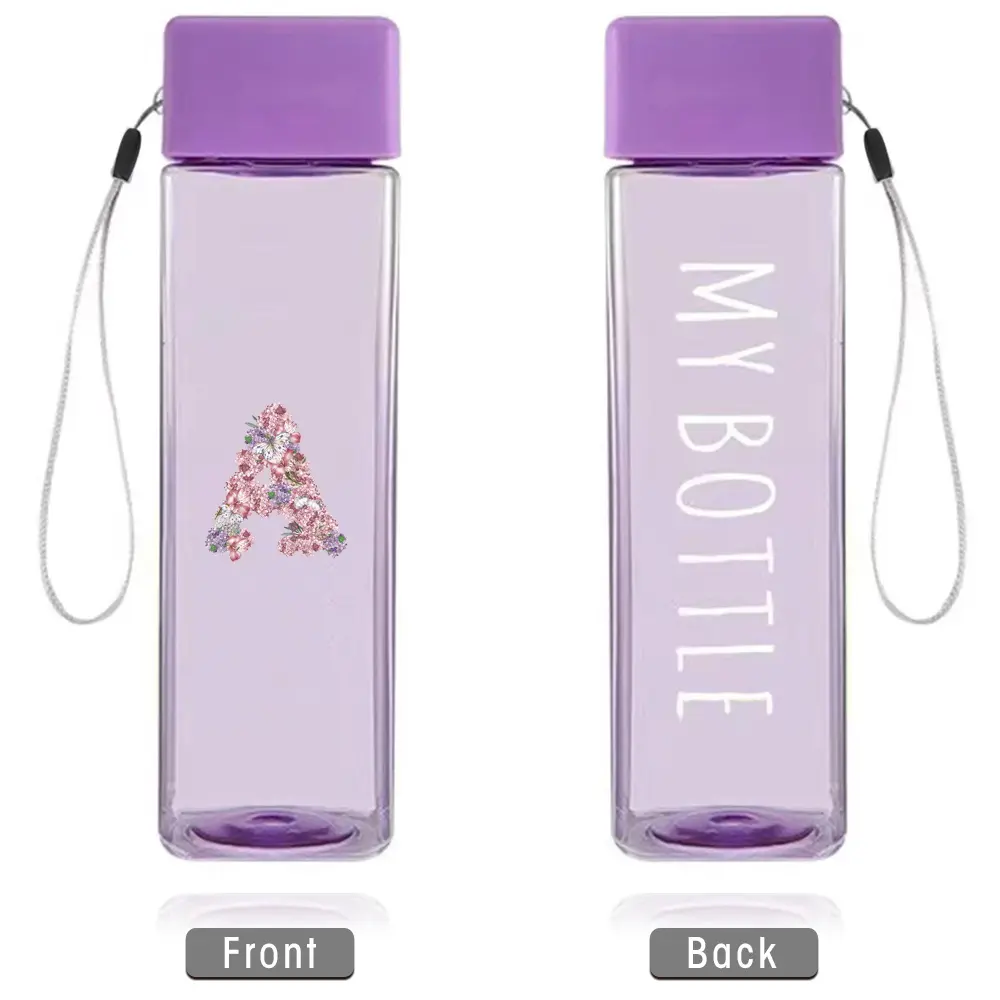 500ml Student Clear Water Bottle Drinking Cup | Initial Name 26 Letters Rose Flower Pattern | Portable with Carry Strap | Leakproof Large Capacity | Ideal Back to School Accessory for Classes & Dorms