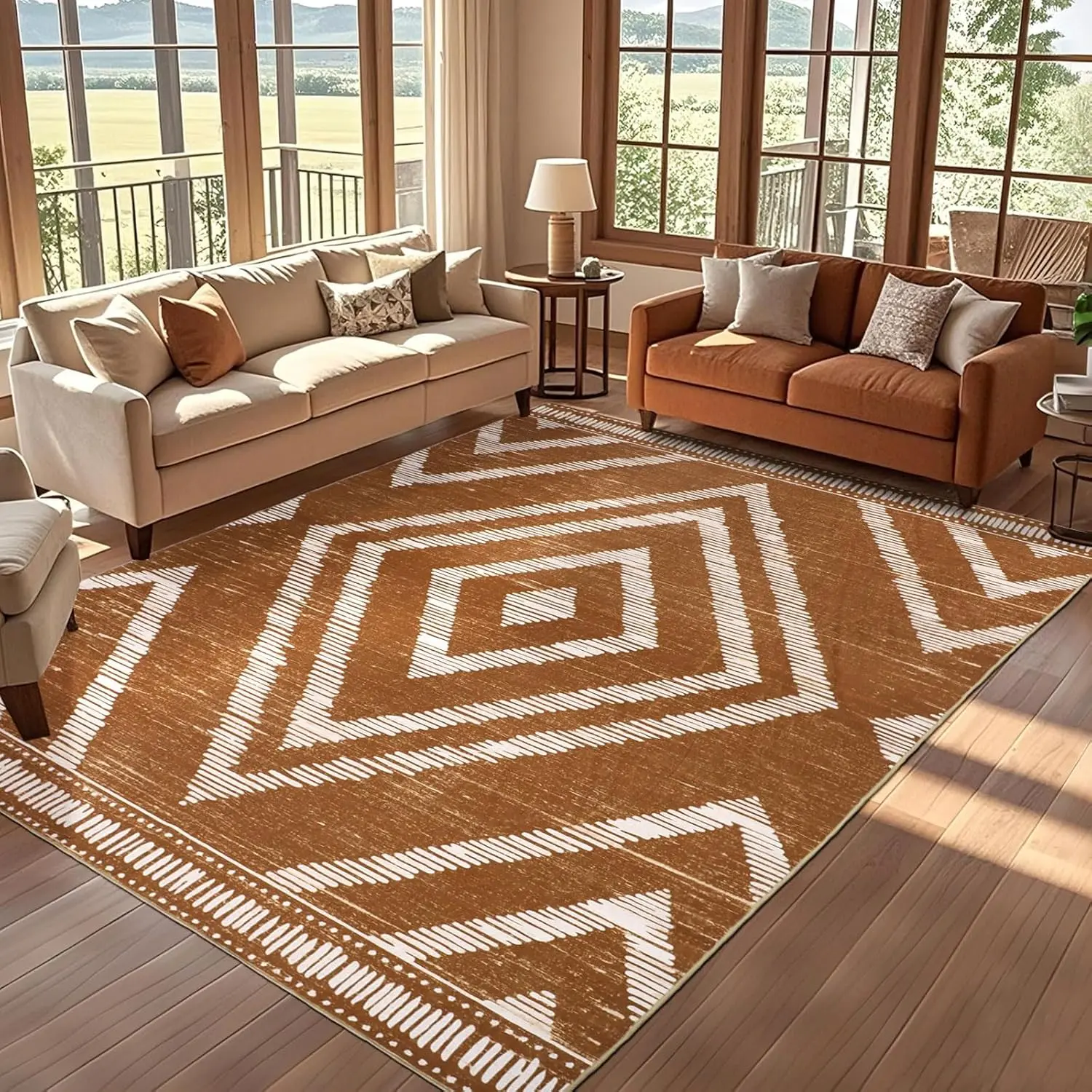 Geanup Boho Low-Pile Moroccan Geometric Pattern Decorative Area Rug - Non-Slip, Washable, Harmonious Shades, Wrinkle Resistant, Ideal for Living Room Decor, Kid Room, Home Decor Rug
