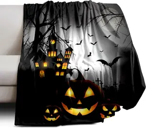 Black Halloween Horor Bat Pumokin Throw Blankets Soft Warm Fleece Lightweight 50in×60in Blanket for Women Men Cozy Couch Living Room Decor Bed Essentials