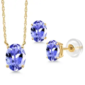 14K Yellow Gold Blue Tanzanite Pendant Earrings Jewelry Set For Women | 2.06 Cttw | Gemstone December Birthstone | Oval 8X6MM | with 18 Inch Chain