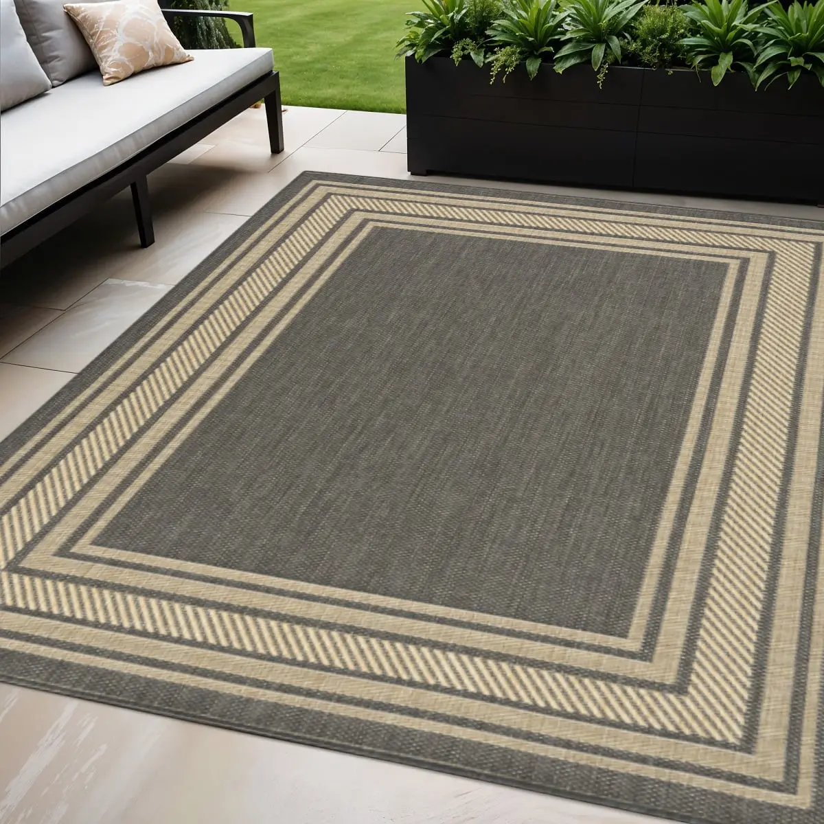 HomeRoots 572769 5x7 ft. Charcoal Geometric Classic Rectangular Weather-Resistant Indoor & Outdoor Area Rug, Classic Area Rugs, Rectangular Area Rugs