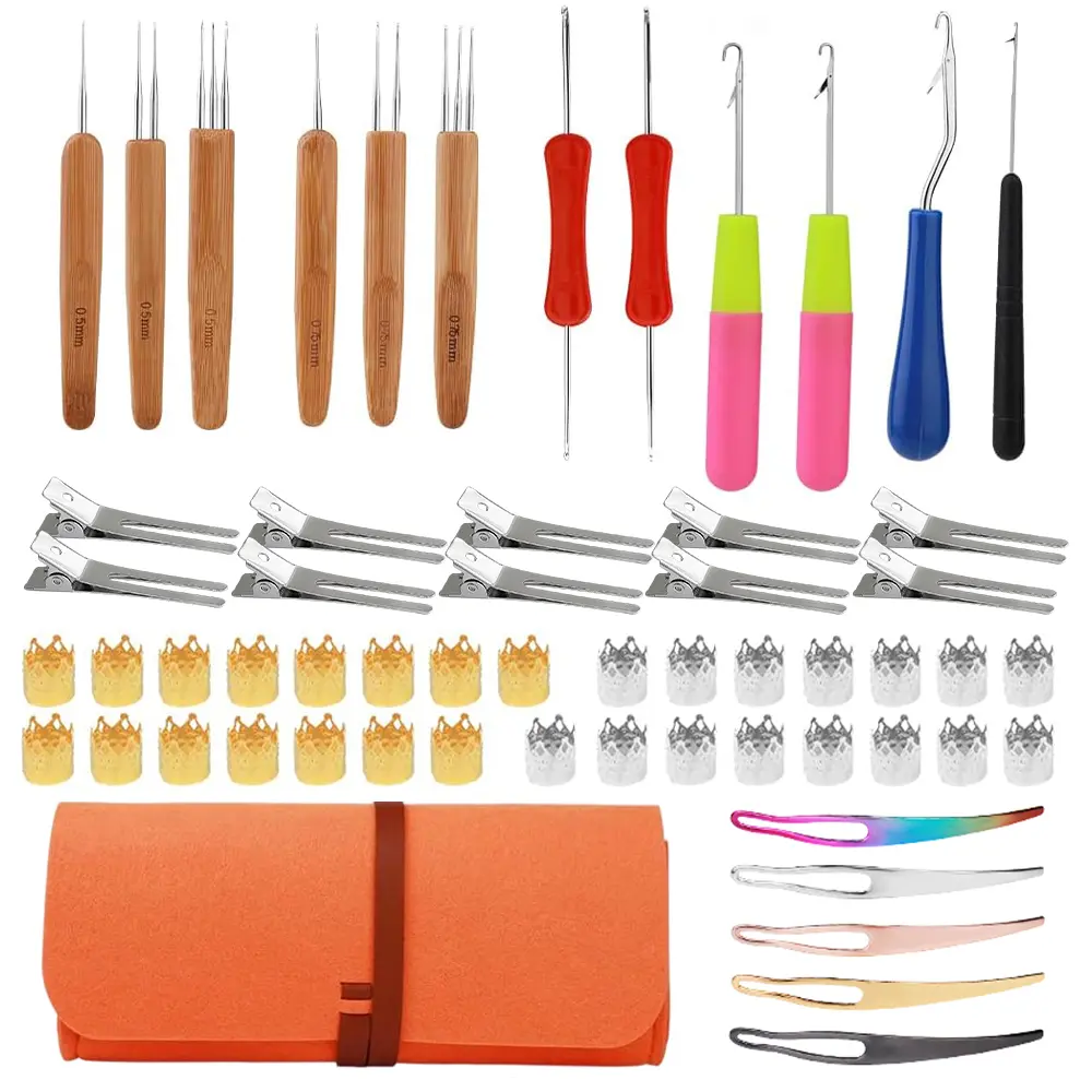 Stainless Steel 58-Piece Functional Dirty Braid Crochet Tool Set - 0.75mm Bamboo Grip Crochet Hooks, Hair Locking Tools, Hair Clips, Crown Accessories - Haircare for Hairstylists