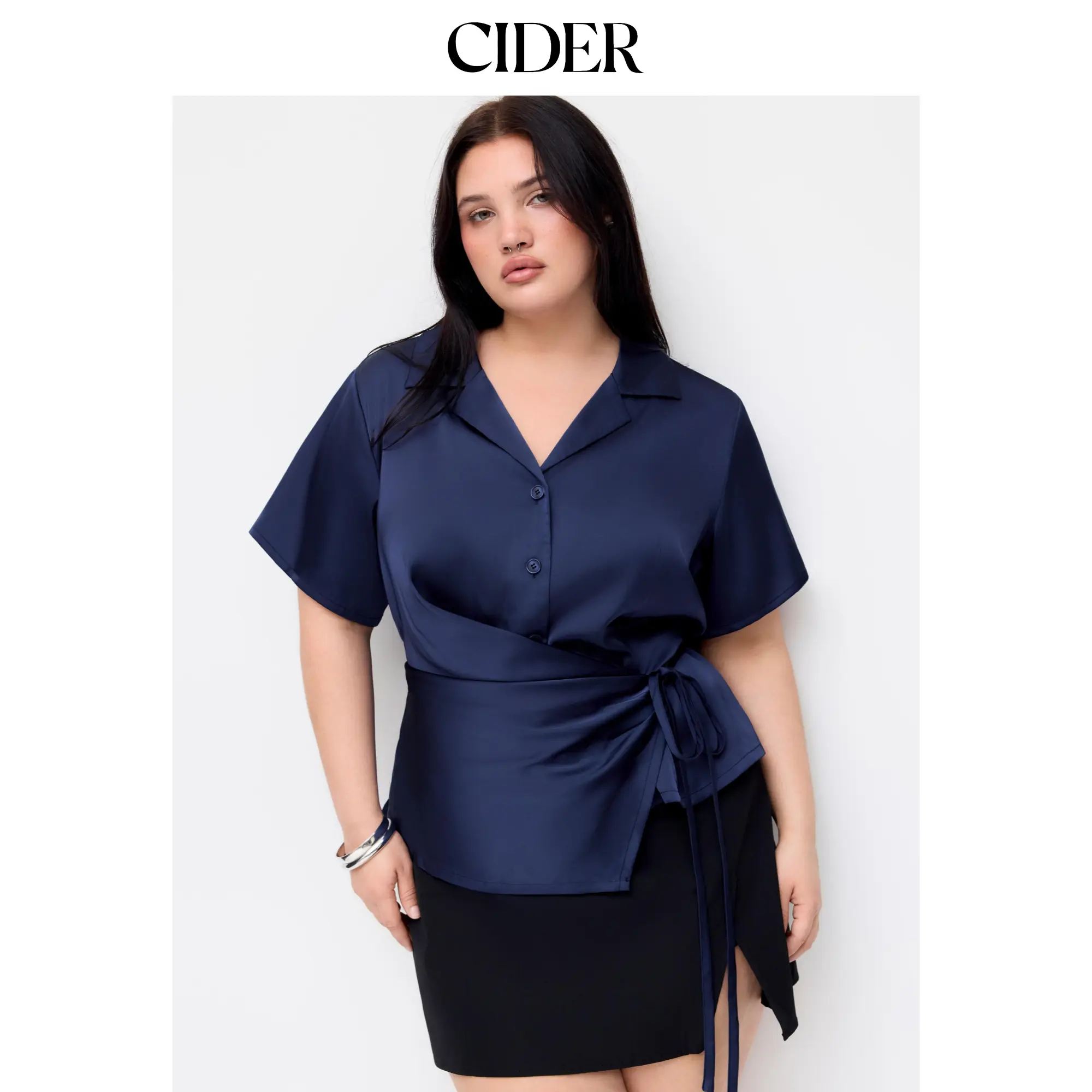 Cider Curve & Plus Plain Satin Short Sleeve Collared Blouse with a Tie-Front Knot and Button Detail, Collared Neck, Long