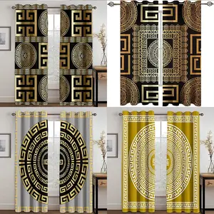 2 pieces, Greek pattern and luxurious black gold pattern, using perforated installation, digital printed curtains, polyester semi transparent material slightly thinner, suitable for living rooms, kitchens, bedrooms, study rooms, hotels, restaurants