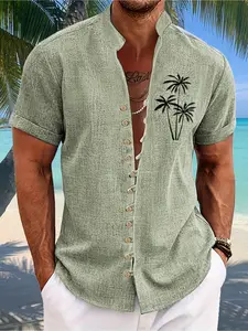 Men's Fashion Printed Textured Multi-Color Material Stand-up Collar Cardigan with Multiple Buttons Design for Daily Casual Simple College Outing Commuting Personality Versatile Tropical Hawaiian Style New Light Green Short Sleeve Collared Shirt for Summer