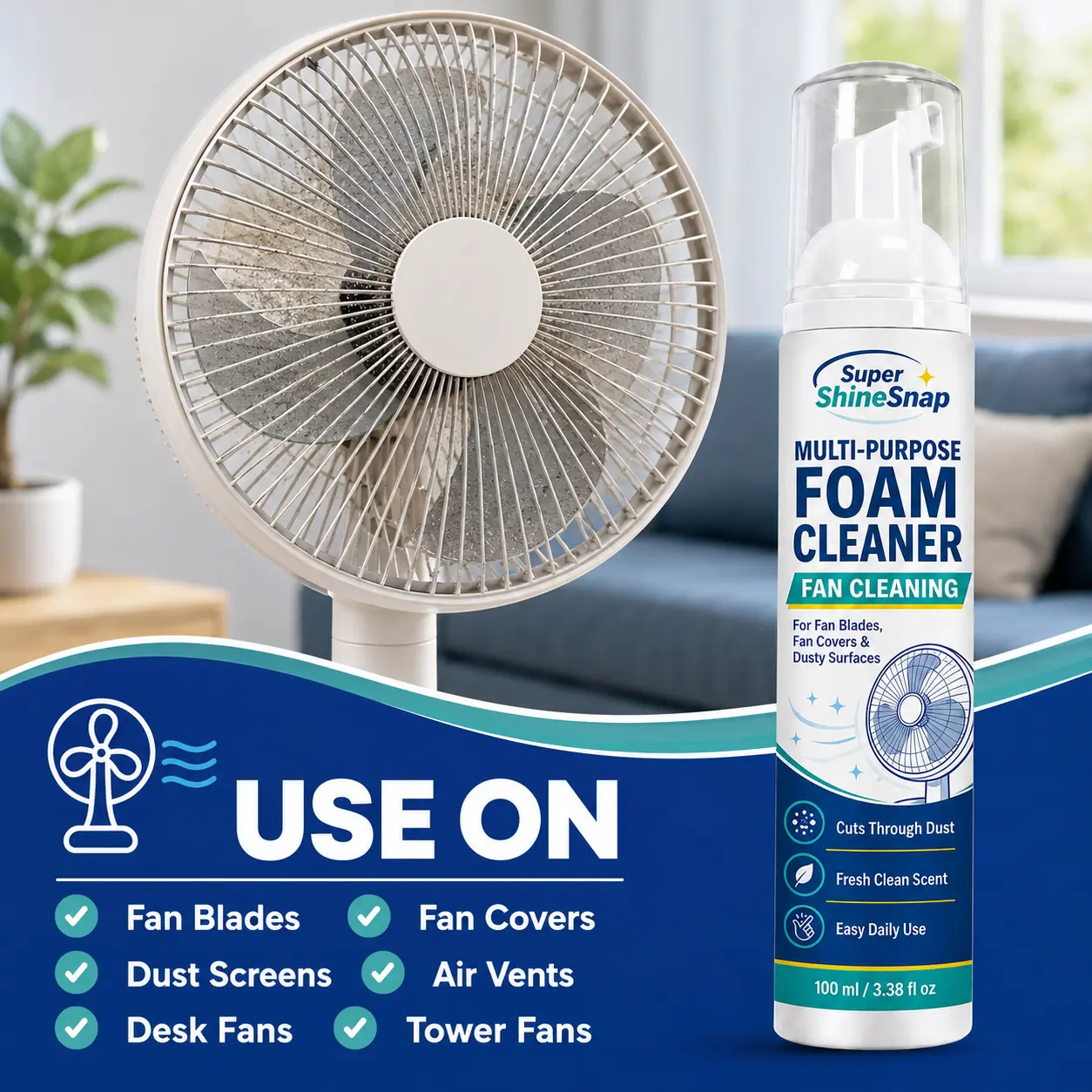 100ml Scented Fan Foam Cleaner, Multi-Purpose Household Cleaner for Blades & Grills, Dusty Surfaces, Easy-to-Use Home Care Supply