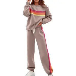 Women's Retro Rainbow Stripe Tracksuit Set Black Long Sleeve Sweatshirt with Horizontal Stripes and Sweatpants with Side Colorful Stripes Cozy Soft Comfy Athleisure Daily Wear Street Style Lounge Outfit Sweatsuit Loose