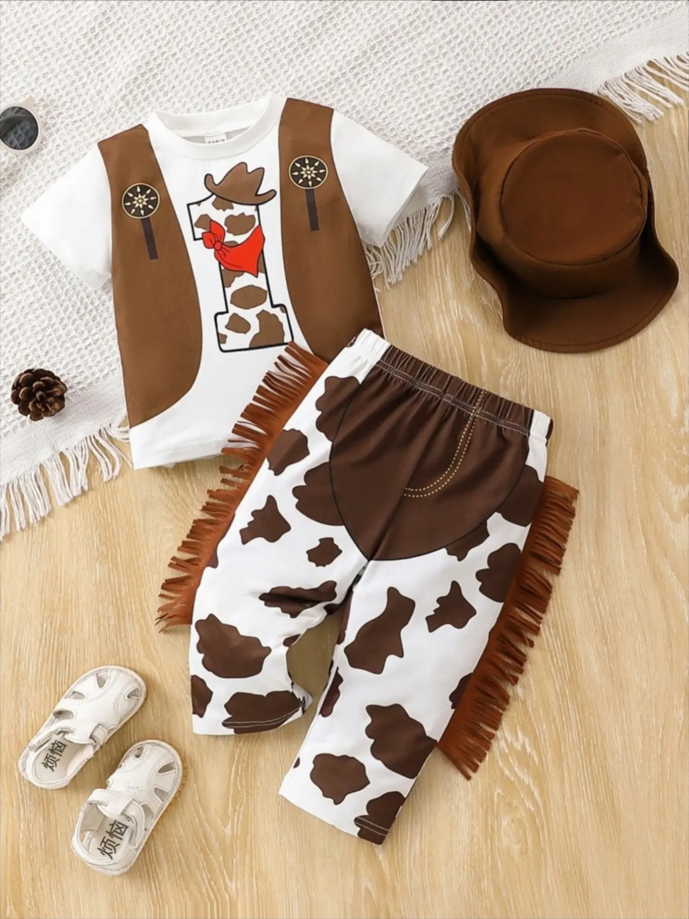 Infant Boys Western Cowboy Style Short Sleeve Long Pants Set with Hat, Baby Clothing, Printed T-Shirt and Fringe Pants, Casual, Fashionable and Stylish, Costume, Outfits, Clothes