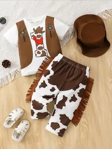Infant Boys Western Cowboy Style Short Sleeve Long Pants Set with Hat, Printed T-Shirt and Fringe Pants, Casual, Fashionable and Stylish