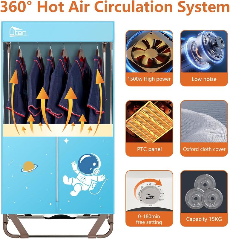 Uten Clothes Dryer Portable, 1500W Power Electric Clothes Hooded Dryer Machine with Timer, 2-Tier Laundry Drying Wardrobe, Foldable Clothes Drying Rack and Dryer for Travel, Apartments, RV, Home - Blue