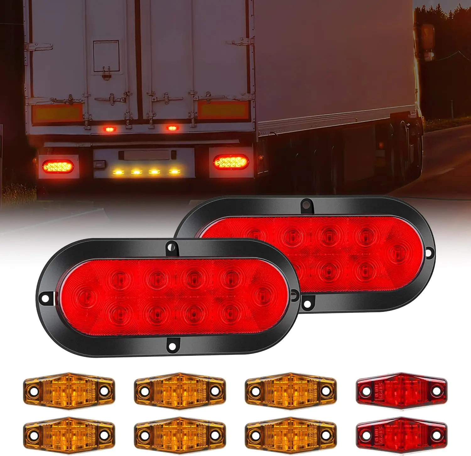 Nilight 6-Inch Oval LED Trailer Light Kit - 12V DC Waterproof Surface-Mount Stop-Turn-Tail Light with Screw, Red-Amber Side Marker, 24 Pcs 2.5-Inch LED Backlights for Utility Trailers, 12V DC Trucks, Led Lights Car, Travel