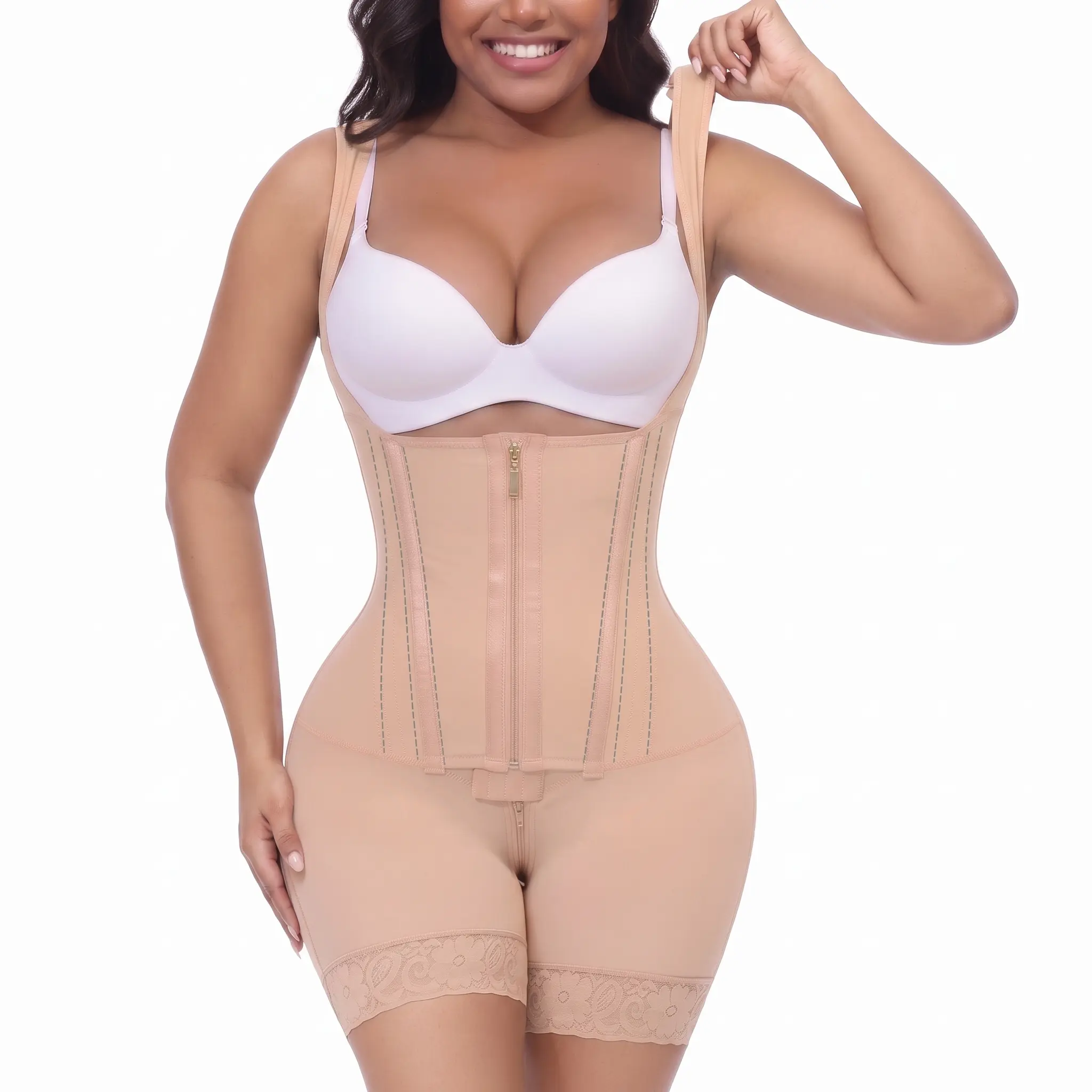 Women's Curvy Body Smart Fit Stretchy Bodysuit - 2-Layer Silky Sculpting Faja with Extra Hip & Butt Stretch, Seamless Compression, Mid-Thigh Design, Tummy Control Shaper, Hourglass Firming Slimming Effect, Basic Minimalist Style