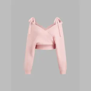 Cider [size 2-10] Knit V-neck Solid Knotted Wrap Oversized Crop Sweater