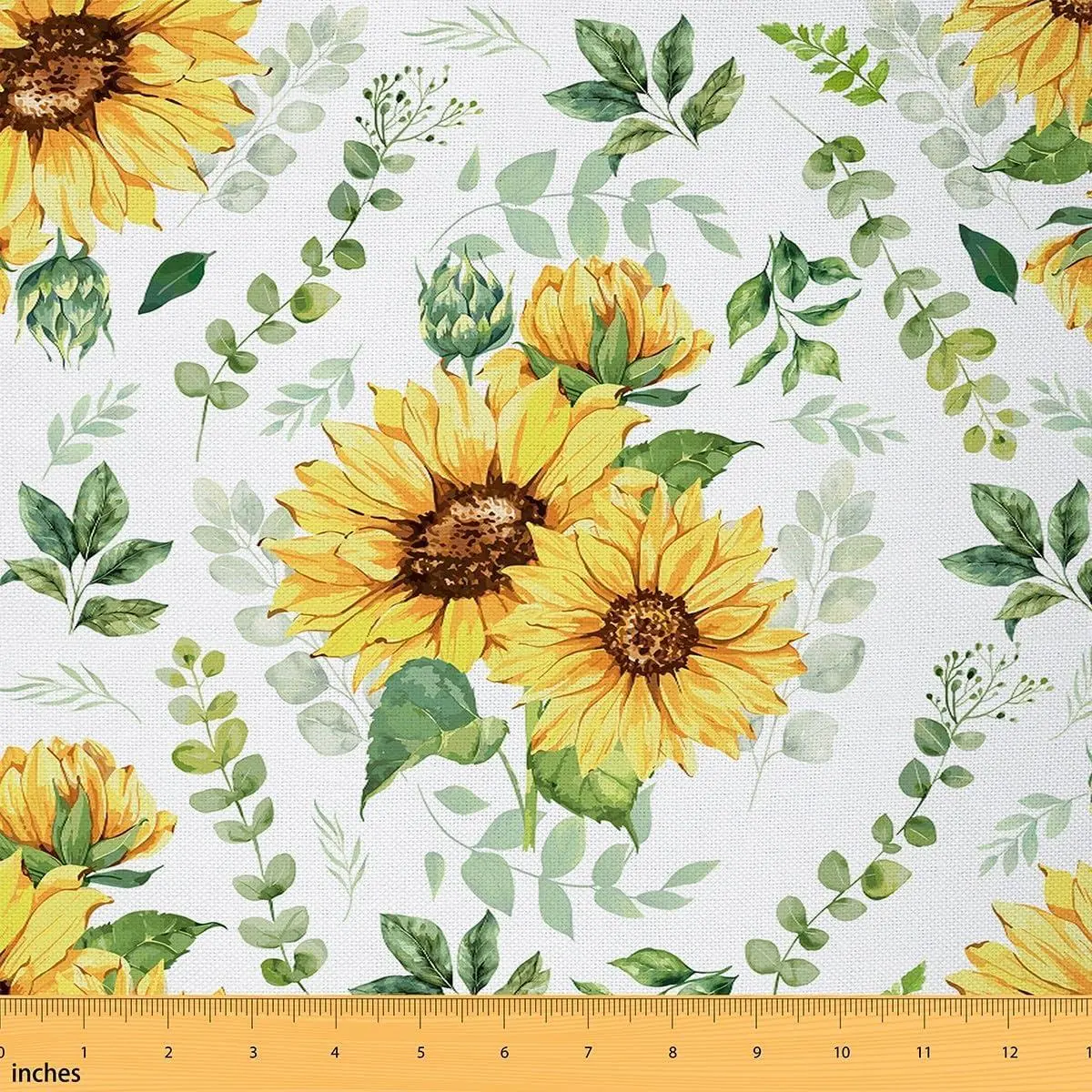 Rustic Sunflowers Fabric,Watercolor Floral Flannel Polyester Fabric,Vintage Country Flowers Fabric Panels Quilting,Green Leaves Plants Sewing Fabric
