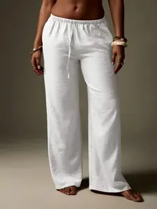 Women's Loose Fit Wide Leg Pants, High Waist Adjustable Drawstring Casual Long Trousers, Plain Pattern, All Seasons Fashion